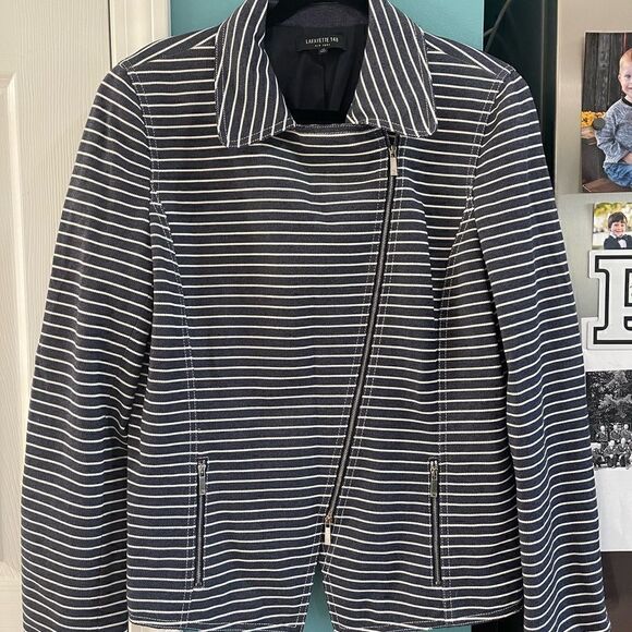 Lafayette 148 Julius Twill Moto Jacket
Asymmetrical Full Zip Striped Blue SZ 14 - Picture 5 of 5